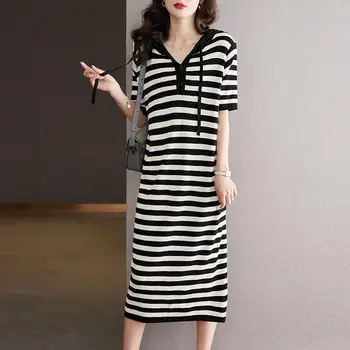 платья для женщин 2023, новинка лета, модные длинные платья в корейском стиле, дешевое повседневное цельное платье с капюшоном в черную полоску