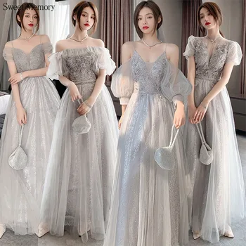 M5105 Блестящие серые длинные платья подружек невесты с кружевными аппликациями, рукава из тюля, элегантное вечернее платье для свадебной вечеринки