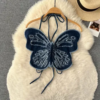 Женские сексуальные винтажные объемные майки с бабочками, летний шикарный джинсовый топ на бретельках с неровностями, корсет без рукавов с открытой спиной