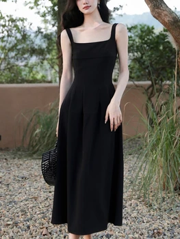 2023 Летнее однотонное элегантное черное платье миди, женское французское винтажное вечернее платье на бретелях, офисное женское цельнокроеное платье, Модный шик