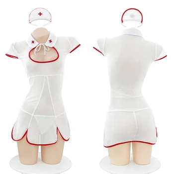 Хорошее качество Сексуальная униформа медсестры Косплей Костюм Милый Комплект нижнего белья Ягодицы Выдалбливают Женское мини-платье Экзотического доктора