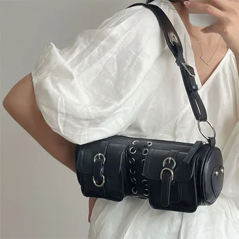 Y2K Черные цилиндрические сумки подмышками Дизайн с двойным карманом Женская сумка через плечо Модный женский кошелек из искусственной кожи Женские сумки 2023