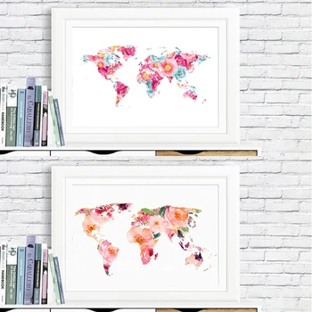 Плакат с картой мира и принты, художественный декор стен в комнате для девочек, акварельная цветочная карта мира, шикарная художественная картина, холст, живопись