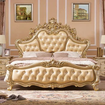 Двуспальная кровать из массива дерева в европейском стиле, главная спальня, роскошная кровать принцессы, французская кожаная кровать высокого класса, двуспальная кровать 1,8 м