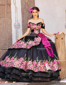 Черные платья Charro Quinceanera, бальное платье с открытыми плечами, Тюлевые аппликации, Пышная Мексиканская сладость, 16 платьев, 15 Anos
