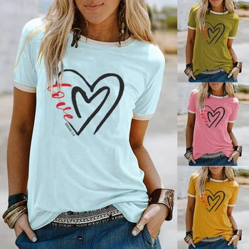 Женские топы большого размера, свободные, с короткими рукавами, повседневная женская футболка с принтом в виде любовных писем на стороне столкновения, круглый вырез, женская футболка