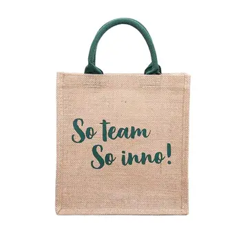 Эко-упаковка многоразового использования, Наплечная льняная сумка с индивидуальным логотипом, Джутовые сумки для продуктовых покупок натурального цвета с зеленой ручкой
