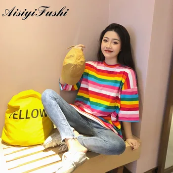 Aisiyifushi, новая футболка, Женские топы в радужную полоску, футболка Harajuku, Летняя Корейская панк-футболка с коротким рукавом, корейская одежда