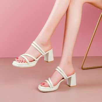 Обувь для женщин 2023, женские тапочки без застежки, однотонная минималистичная женская обувь на высоком каблуке, женские тапочки с открытым носком