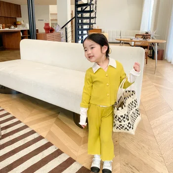 Детская одежда 2023, весенний новый свитер для девочек в корейском стиле в стиле пэчворк и широкие брюки, повседневный простой комплект для девочек