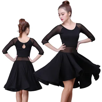 Черное платье для латиноамериканских танцев, женское платье для сальсы и танго с рукавами 3/4, сетчатое расклешенное платье для латиноамериканских танцев, одежда для выступлений, танцевальная одежда