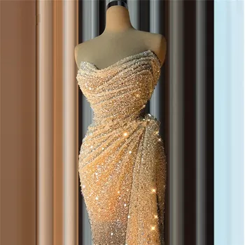 Вечернее платье с блестками цвета шампанского 2023, без бретелек, хрустальные длинные кафтаны для выпускного вечера, праздничные платья знаменитостей Дубая