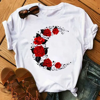 Женские белые топы, красные розы, женские топы, футболки с коротким рукавом, женские футболки 90-х, женские топы