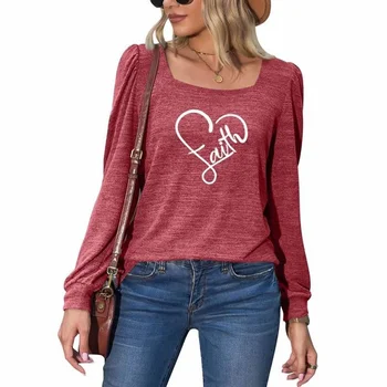 Качественная футболка с принтом Hope Faith Love с длинными рукавами и квадратным вырезом, Женская Облегающая Открытая Ключица, Топ с низким вырезом, Нижняя рубашка