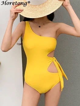 Женский свин-костюм Horetong на одно плечо 2023, Новый сексуальный цельный купальник с вырезом на талии и бантом, летняя модная пляжная одежда