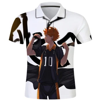 Горячие Летние мужские рубашки поло на пуговицах с 3D принтом Аниме Haikyuu, повседневные топы оверсайз с коротким рукавом и коротким рукавом, модная мужская одежда