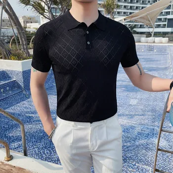 Мужские трикотажные летние рубашки поло Ice Silk с коротким рукавом, облегающие топы, повседневная дышащая однотонная деловая рубашка, которую легко подобрать