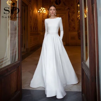 Элегантное простое свадебное платье SoDigne из атласа с длинным рукавом 2023, свадебные платья на пуговицах с круглым вырезом и поясом, платье невесты