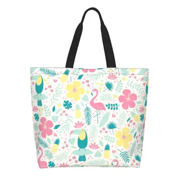 Холщовые сумки для покупок с фламинго и листьями, женские многоразовые сумки для покупок большой емкости с тропическим рисунком