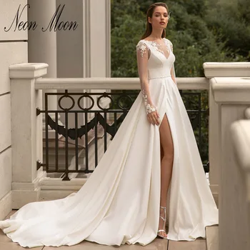 Скромное прозрачное свадебное платье с круглым вырезом и разрезом по бокам Трапециевидное свадебное платье с длинными рукавами Кружевные аппликации Складки на спине Vestidos De Novia