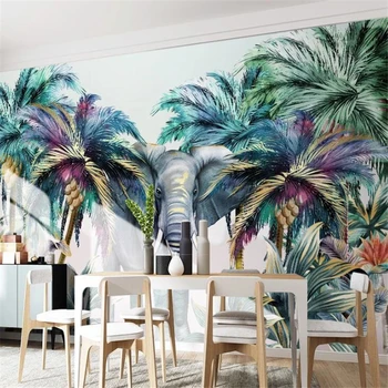 wellyu Ручная роспись лесных животных, тропических растений, слона, кокосовой пальмы, фоновой стены, изготовленные на заказ большие экологические обои