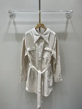 2023 Новые женские дизайнерские рубашки Миди с длинным рукавом для подиума с поясом, шикарная винтажная блузка высокого качества, повседневные хлопковые топы, горячие Продажи