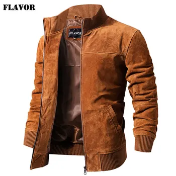 Мужская куртка из натуральной кожи FLAVOR, приталенное пальто из натуральной кожи из свиной кожи со стоячим воротником-манжетой в рубчик