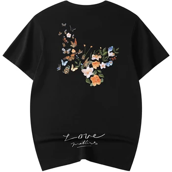 Летняя футболка с вышивкой, Мужская Женская футболка с бабочкой в стиле Харадзюку, модные графические футболки с коротким рукавом, уличная одежда для пар 2023