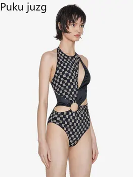 2022 Женский цельный треугольный купальный костюм с винтажным принтом, сексуальный купальник с дырявой спиной, слитный женский купальный костюм