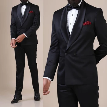 Красивые черные женихи Мужские смокинги Классическая шаль блейзер с лацканами Костюмы Для официальной вечеринки Комплект брюк для выпускного вечера