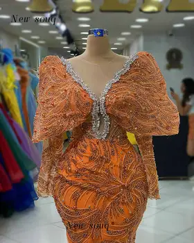 2023 Новейшие оранжевые вечерние платья русалки с длинными рукавами и разрезом сбоку, блестящие кристаллы вокруг шеи, платья для официальных мероприятий в Дубае