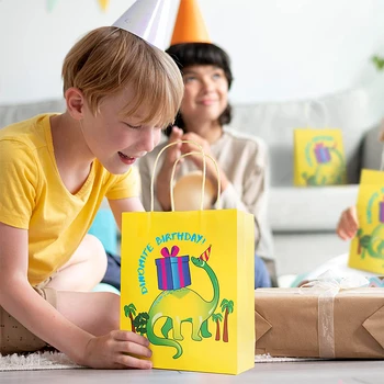 12 шт. Флуоресцентная Зеленая сумка с динозавром для вечеринки с ручками Подарочные бумажные пакеты с динозавром для детей на День рождения, пакеты с динозаврами для конфет