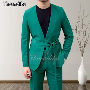 Красивый Зеленый мужской комплект Thorndike, смокинг Жениха, однобортный деловой блейзер, куртка для выпускного вечера, брюки, платье для мужчин с поясом