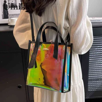 Модная лазерная сумка, индивидуальная сумка из ПВХ, Яркая цветная сумка для покупок среднего и элитного класса, красочная женская сумка через плечо 2023 г.