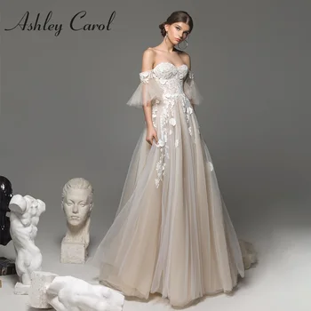 Свадебное платье трапециевидной формы Ashley Carol 2022, Элегантное пляжное платье с открытыми плечами, аппликацией на спине, богемное струящееся платье невесты