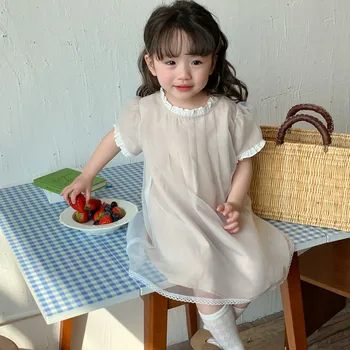 Элегантное платье трапециевидной формы с рюшами для маленьких девочек, Летняя шелковая детская одежда, Классический детский сарафан с кружевной каймой, художественная одежда
