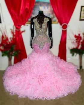 Розовые платья для выпускного вечера в стиле русалки с круглым вырезом, черные блестящие многоуровневые юбки с оборками для девочек, Африканское вечернее платье aso ebi