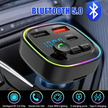 Автомобильный Громкой связи Bluetooth 5,0 FM-Передатчик Беспроводной MP3-Плеер FM-Модулятор Двойной USB QC3.0 Быстрое Зарядное Устройство с Красочной RGB Подсветкой
