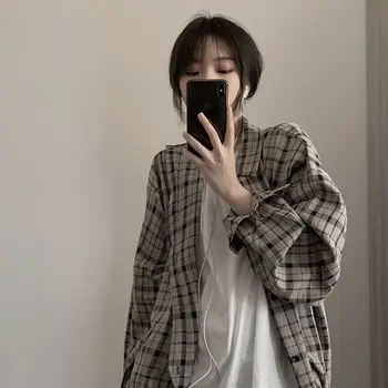 Повседневная клетчатая рубашка Harajuku в стиле ретро, панк, гранж, корейский гонконгский стиль, свободная универсальная мужская женская уличная рубашка, блузка унисекс