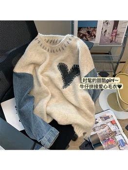 2023, Осень-зима, Женский джинсовый свитер в стиле пэчворк, Вязаные пуловеры с круглым вырезом и рисунком сердца, толстовка свободной строчки