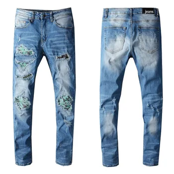 Светло-голубая уличная одежда, джинсовые брюки в американском стиле Y2k, разрушенные, с поцарапанными дырками, Бандана, Лоскутные узкие джинсы, Бесплатная Доставка