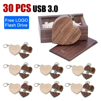 30ШТ деревянная форма сердца usb3.0 + упаковочная коробка USB флэш-накопитель pendrive 4 ГБ 16 ГБ 32 ГБ фотография подарок настраиваемый ЛОГОТИП