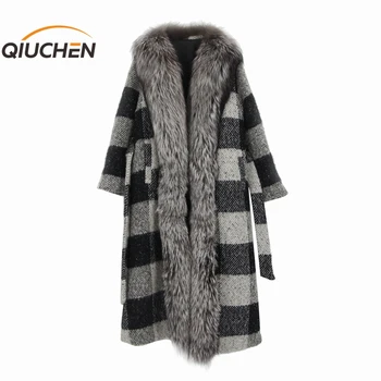 QIUCHEN PJ21086 Новое поступление, женское зимнее шерстяное пальто с отделкой из натурального меха чернобурки и воротником, модная модель, быстрая доставка