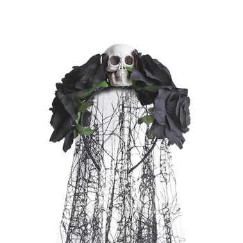 Женская Повязка на голову с черепом в виде искусственной розы на Хэллоуин с черной кружевной вуалью, Мексиканский День мертвых, Корона, обруч для волос для косплея