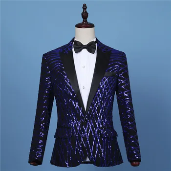 2020 Мужской модный Черный Королевский синий Блейзер с геометрическими пайетками, Сценическое шоу, DJ, бар, певцы, Приталенный костюм, куртки, пальто для выпускного вечера