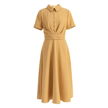 2023 Новое женское Желтое однотонное платье с модным отложным воротником, плиссированные платья трапециевидной формы 50611