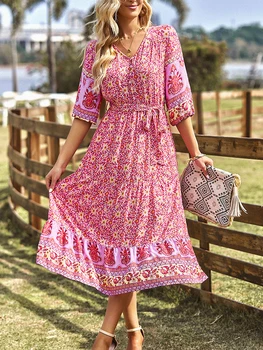 Богемное платье Миди с цветочным принтом, Женское Летнее платье 2023 с семью рукавами и V-образным вырезом, Праздничное платье в стиле Бохо на шнуровке, Элегантное