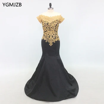 Элегантное Черное вечернее платье Русалки 2018 с открытыми плечами, золотая вышивка, длина до пола, вечернее платье для выпускного вечера в Африканском стиле для женщин