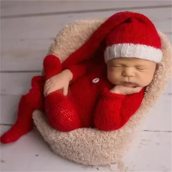 Реквизит для фотосессии новорожденных, Рождественские наряды, одежда для фотосъемки, Санта-Клаус, Мохеровая Красная шапочка и комбинезон для младенцев QX2D