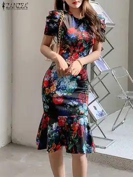 ZANZEA 2023 Женский Винтажный сарафан с запахом на бедрах, Элегантное платье в Корейском стиле с цветочным принтом 